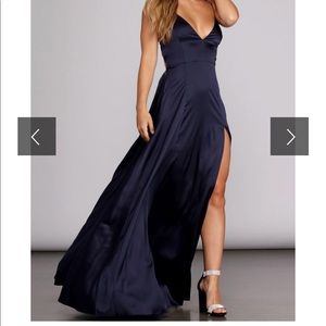 Windsor navy blue satin lace up gown.
